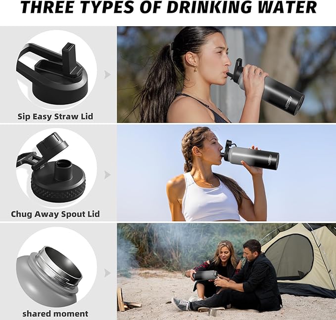 40oz Insulated Water Bottle (Cold for 48 Hrs),BPA Free&Leak Proof,Stainless Steel Water Flask,Water Jug with Straw Spout Lids for Gym,Hiking,Travel,Grey Black