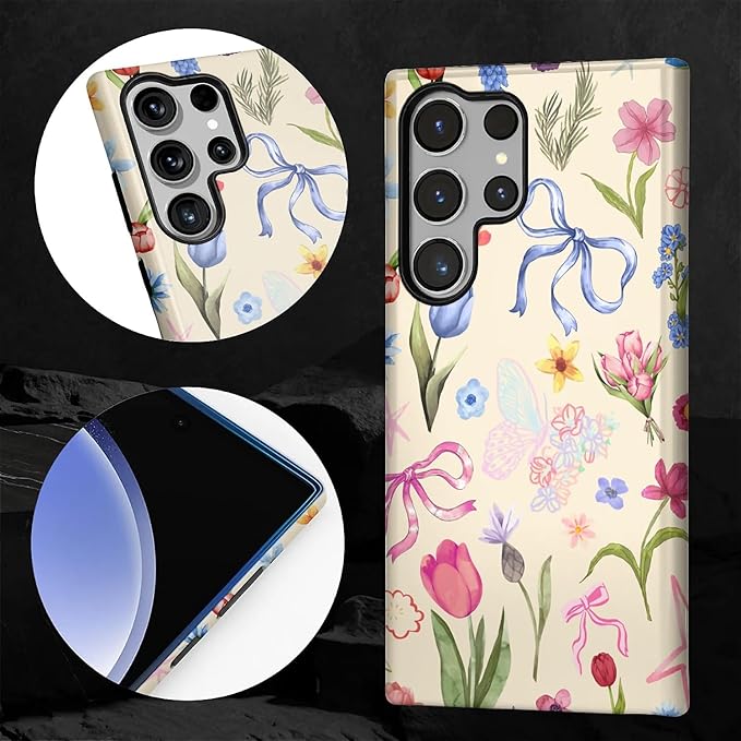 for Samsung Galaxy S23 Ultra Case,HL2 Aesthetic Flower Preppy Collage Hybrid 2 Layer Hard Shell Silicone Protective Pattern Design Case