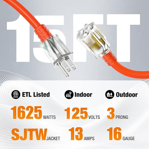 15 FT Outdoor Extension Cord Waterproof, 16/3 Gauge Heavy Duty 3 Prong Power Cord with Lighted Indicator End, 13A 125V 1625W SJTW, ETL Listed, Great for Lawn/Garden/Home(Orange)