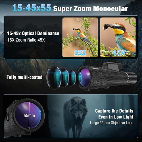 15-45x55 Zoom Monocular Telescope-High Power Monocular for Adults BAK4 Prism for Bird Watching and Traveling Concert