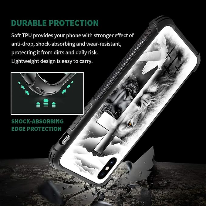 for iPhone X/Xs Case, Lion Cross Jesus Christ Dove Pattern Made of Soft Silicone Hard Acrylic Shock Protection for iPhone X/Xs