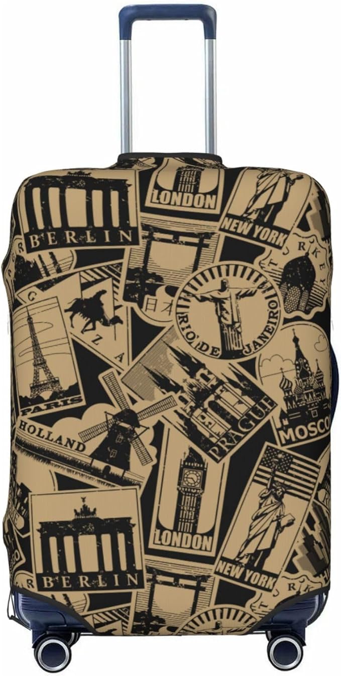 Travel Luggage Cover with World Famous Landmarks Print, Suitcase Protector For Travel (Fits 22-24 Inch Luggage)
