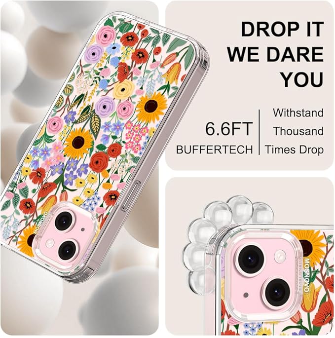 MOSNOVO Case for iPhone 15, [Buffertech 6.6ft Military-Grade Drop Protection] [Anti Peel Off Tech] Clear TPU Bumper Phone Case Cover Design - Blossom & Bloom