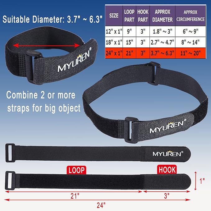 1"x 24"-12 Pack Reusable Fastening Cable Straps with Buckle Adjustable Hook and Loop Securing Strap Multi-Purpose Cinch Strap for Cord Management
