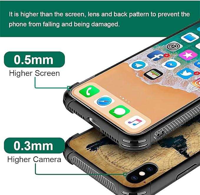 for iPhone X/Xs Case, Brown World Map Pattern Made of Soft Silicone Hard Acrylic Shock Protection for iPhone X/Xs