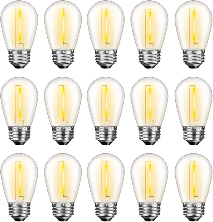 GvvooHome LED S14 Replacement Light Bulbs for Outdoor String Lights, 1W Shatterproof Edison Light Bulbs for Outside Patio Garden, E26 Standard Base, Dimmable, 2200K Warm White, 15 Pack
