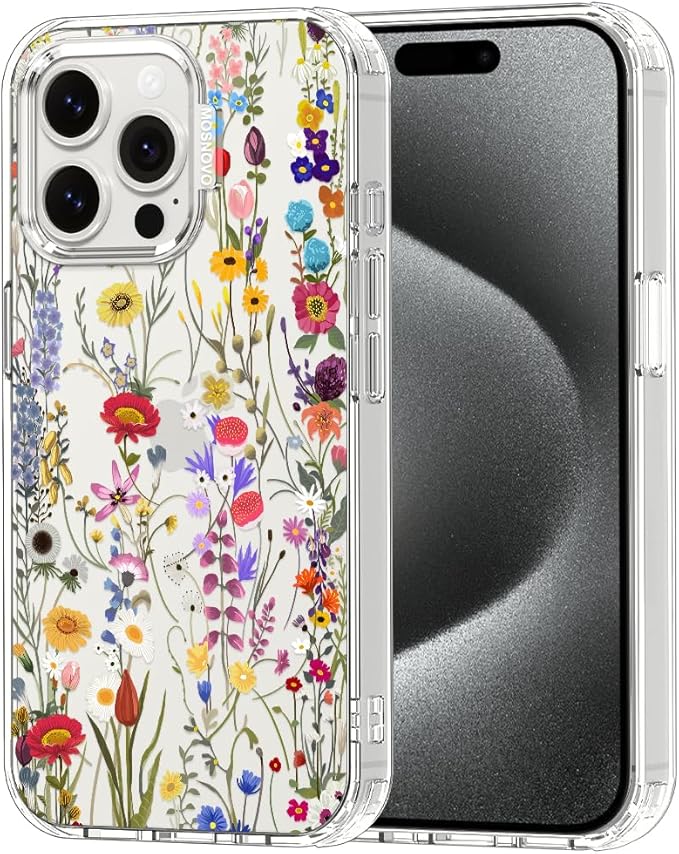 MOSNOVO Case for iPhone 15 Pro Max, [Buffertech 6.6ft Military-Grade Drop Protection] [Anti Peel Off Tech] Clear TPU Bumper Phone Case Cover Design - Wildflower Meadow