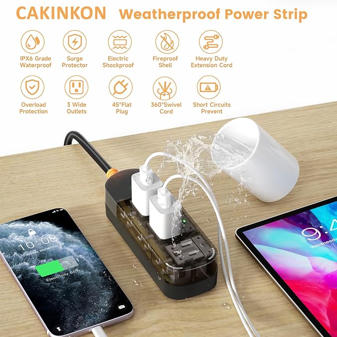 Outdoor Power Strip Weatherproof 10 FT Extension Cord Waterproof Surge Protector Power Strip, 3 AC Outlets, 1625W Overload Protection, for Camping, Home, Office, Garden, FCC UL Listed