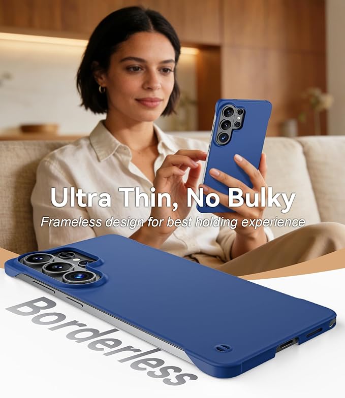 GRECAZO Slim Borderless for Samsung Galaxy S26 Plus Phone Case 6.7"(2026) Ultra-Thin Lightweight Frameless Matte Hard PC Cover Case with Pull Ring Minimalist Non Slip Rope-Blue