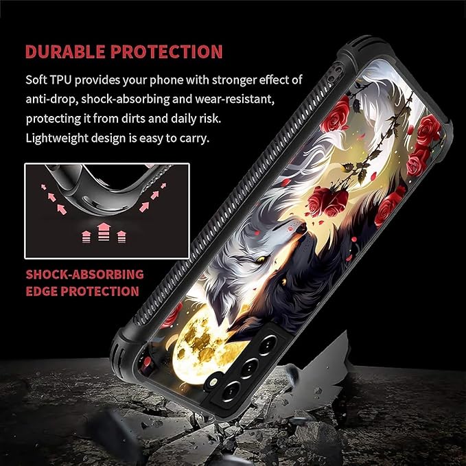 for Samsung Galaxy S22 Case, Black White Wolf Moon Flower Rose Pattern Graphic Design Girl Boy Soft Silicone Hard Acrylic Shock Protection for Samsung Galaxy S22