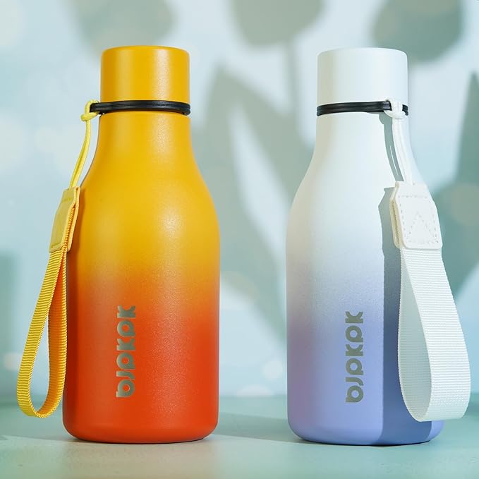 BJPKPK Insulated Water Bottles, 12oz Stainless Steel Metal Water Bottle with Strap, BPA Free Leak Proof Jugs, Mugs, Flasks, Reusable Thermal Flasks for Sports & Travel, Sunset Orange