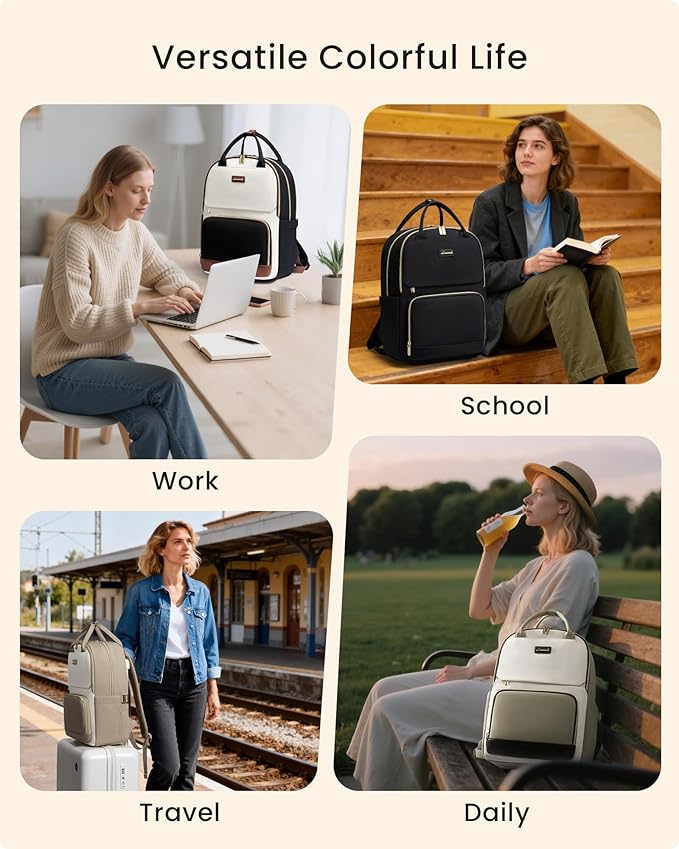 LOVEVOOK Laptop Backpack for Women with Giant Tumbler Holder Pocket, 15.6 inch Travel Work Backpack Purse for Teacher Nurse, Waterproof College Book Bag Cute Casual Daypack, Beige-Green