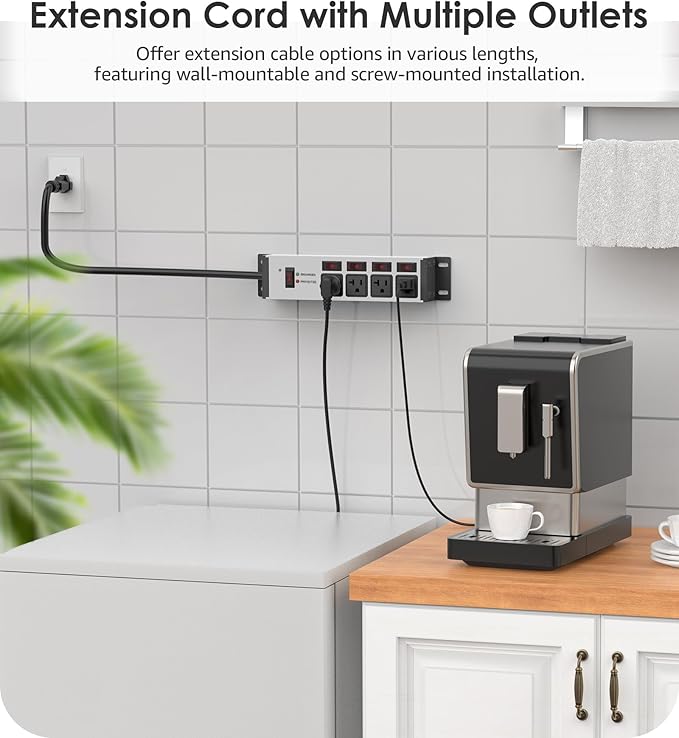 CCCEI Heavy Duty Surge Protector Power Strip 20 Amp Individual Switches. 20FT 12 Gauge Extension Cord with Multiple Outlets. Kitchen, Garage, Shop, Industrial Wall Mount Electric Extender, Grey.