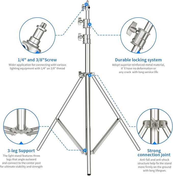 Neewer 118"/3m Stainless Steel Light Stand, Spring Cushioned Heavy Duty Photography Tripod Stand with 1/4” to 3/8” Universal Screw Adapter for Strobe, LED Video Light, Ring Light, Monolight, Softbox
