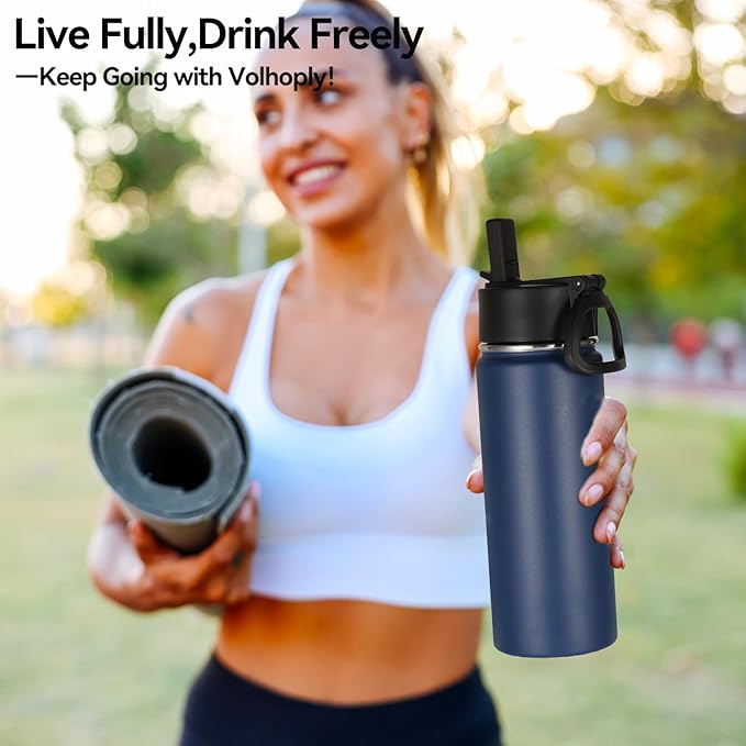 Volhoply 18oz Insulated Water Bottle Bulk 8 Pack,Kids Stainless Steel Water Bottles with Straw Lid,Wide Mouth Reusable Metal Bottle,Double Wall Vacuum Sports Flask for Cold Drink(Navy,8 Set)