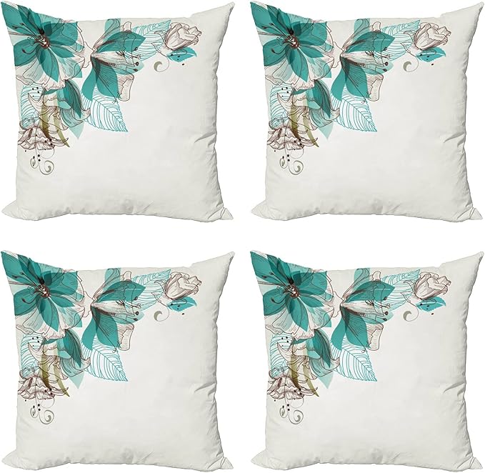 Ambesonne Turquoise Throw Pillow Cushion Case Pack of 4, Flowers Buds Leaf at The top Left Corner Season Celebrating Theme, Modern Accent Double-Sided Digital Printing, 24", Teal Brown