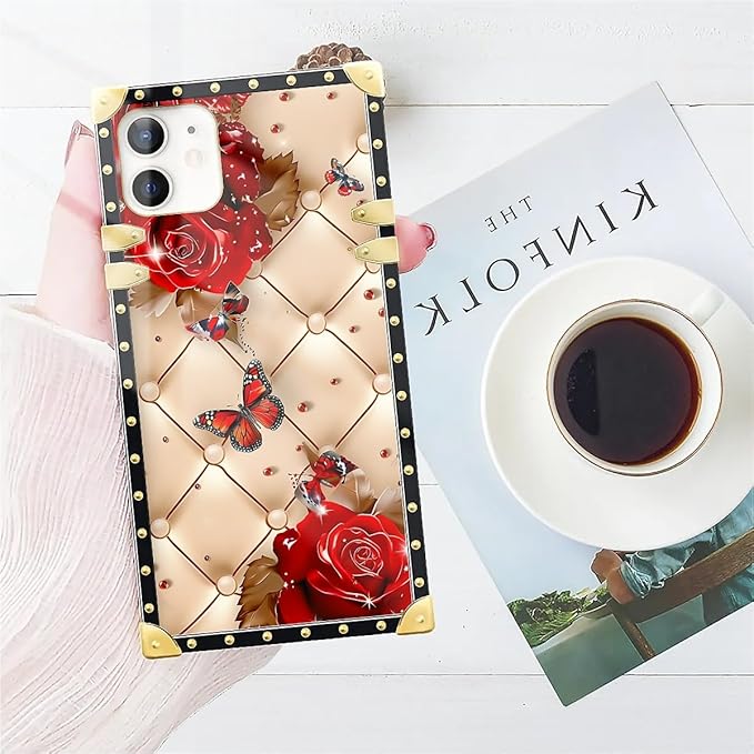 Compatible with iPhone 11 Case, Shining Red Rose Butterfly Leather Background Luxury Golden Decoration for Girl Women Soft TPU Shockproof Protective Hard PC Back for iPhone 11