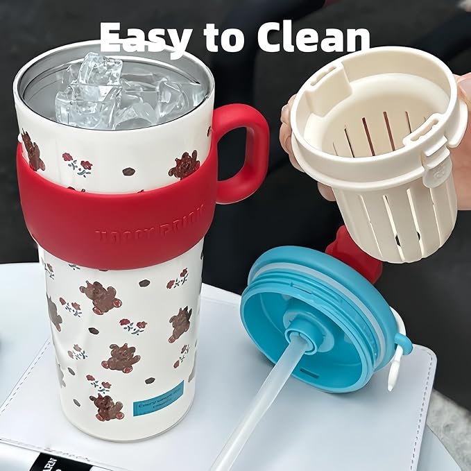21oz Cute Bear Car Cup with Straw & Cap, Leak-Proof Portable Mug with Tea Strainer, Insulated for Hot/Cold - Ideal for Car, Office, Outdoor (Green)
