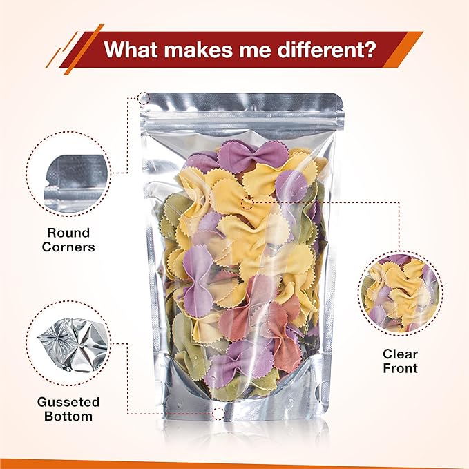 BELLE KR® Pint Mylar Bags for Food Storage - Pack Of 300-5x8-7.5mil Thick - Gusseted Bottom Clear Front Mylar Bags for Freeze Dryer - Labels Included