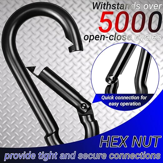 5 Pack 3.9" Heavy Duty Carabiner Clips, M10 Black Galvanized Steel Spring Snap Hooks, Rust-Resistant Keychain Clips for Hammock, Camping, Hiking, Fishing, Swing Set