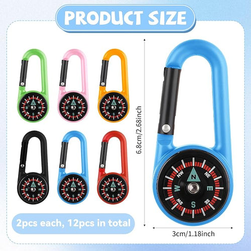 12 PCS Compass Keychain, Small Pocket Magnetic Keychain Compass Colorful Survival Hiking Mini Compasses for Outdoor Camping Hiking Backpacking Accessory Party Favors