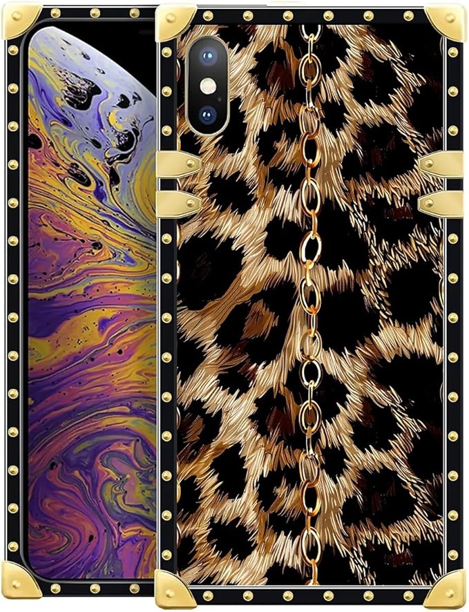 Compatible with iPhone Xs Max Case, Seamless Gold Chain Leopard Luxury Golden Decoration for Girl Women Soft TPU Shockproof Protective Hard PC Back for iPhone Xs Max