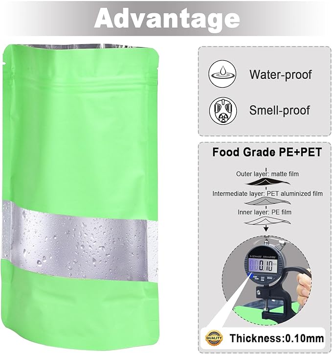 4.7"x7.8" 120pcs Mylar Bags for Food Storage,Smell Proof Bag with Matte Window Resealable Food Storage Bags for Small Business, Stand-up Foil Pouch Packaging Freeze Dried Candy Bag(Light Green)