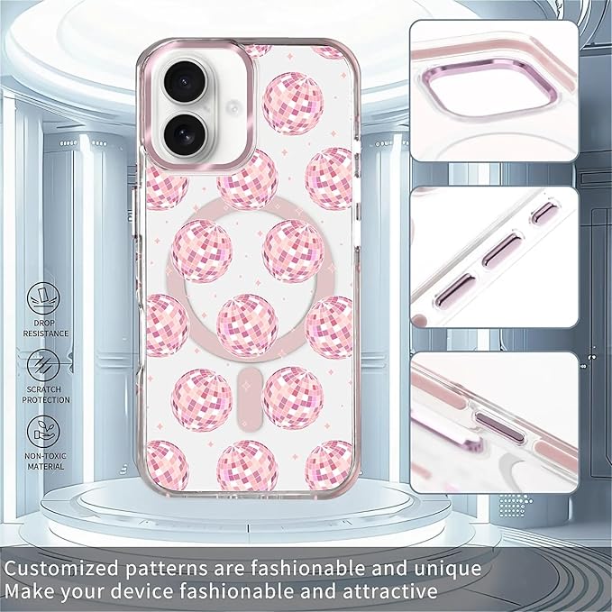 Case for iPhone 16,[Compatible with MagSafe],Disco Balls Pink Phone Case Design，for Women Girls Magnetic Clear Cover - Slim, Sleek, & Shockproof Protection