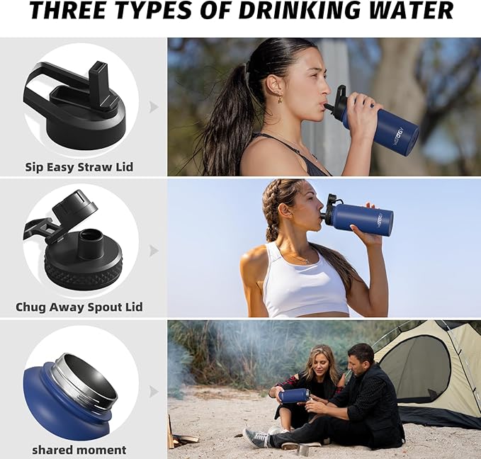 32oz Insulated Water Bottle (Cold for 48 Hrs),BPA Free&Leak Proof,Stainless Steel Water Flask,Water Jug with Straw Spout Lids for Gym,Hiking,Travel,Deep Blue