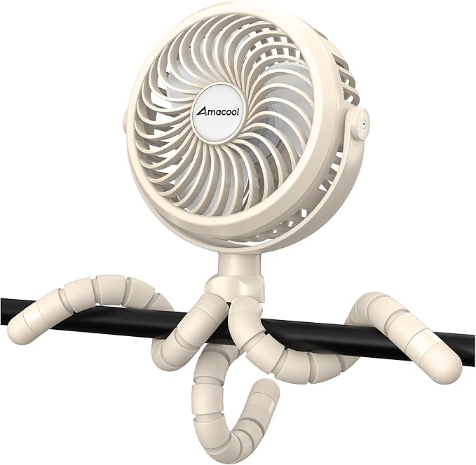 AMACOOL Battery Operated Stroller Fan, Baby Travel Essentials for Beach Disney, Newborn Boy & Girl Showers Gifts Registry Search, Rechargeable Clip On Fan for Car Seat Wagon Crib Bike Treadmill