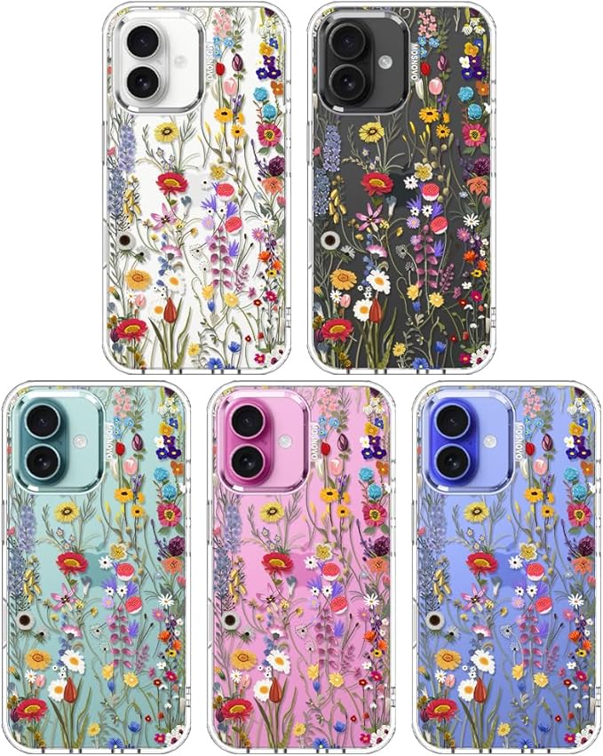 MOSNOVO Case for iPhone 16 Plus, [Buffertech 6.6ft Military-Grade Drop Protection] [Anti Peel Off Tech] Clear TPU Bumper Phone Case Cover Design - Wildflower Meadow