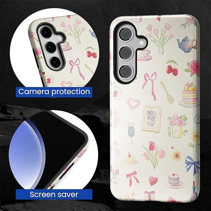 for Samsung Galaxy S25 Case,HL2 Aesthetic Bow Preppy Collage Hybrid 2 Layer Hard Shell Silicone Protective Pattern Design Case