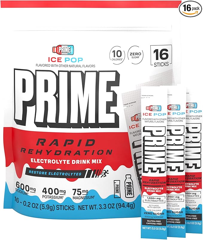 Prime Rapid Rehydration Electrolyte Powder Sticks, Ice Pop, Sugar Free Hydration Drink Mix with Sodium, Potassium, Magnesium & B Vitamins to Replenish Fluids, Caffeine Free, 16 Count