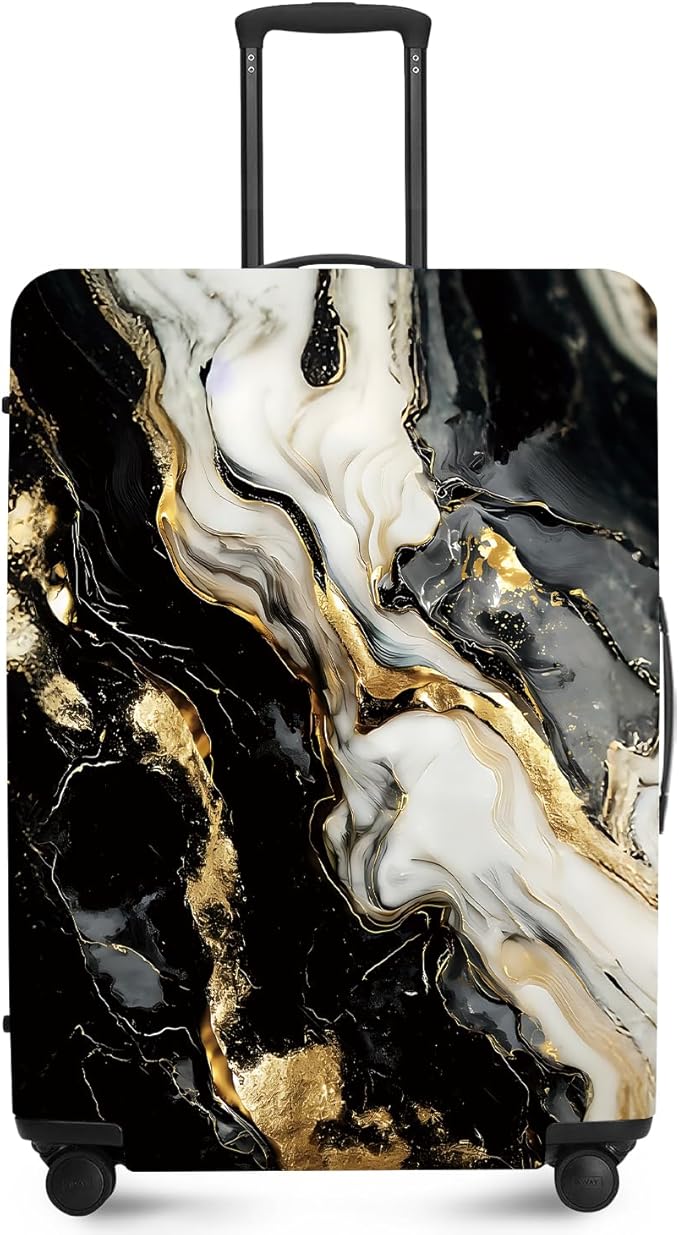 ANNA QUEEN Black White Gold Marble Luggage Cover- Stretchable, Water Resistant & Durable Suitcase Protector, Universal Washable Fit for 24-26 Inch Checked Baggage