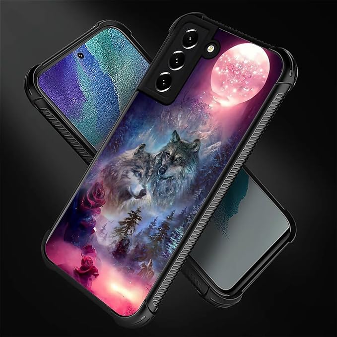 for Samsung Galaxy S22 Plus Case, Star Two Wolfs Howling Pattern Graphic Design Girl Boy Soft Silicone Hard Acrylic Shock Protection for Samsung Galaxy S22 Plus