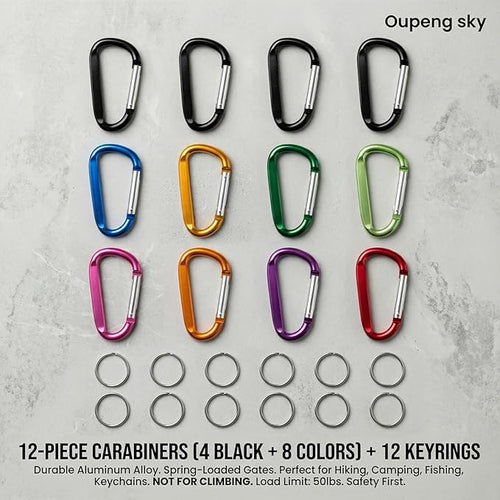 12PCS Carabiner Keychain Clip - 3" Aluminum Caribeener Key Clip,D Ring Shape Nonlocking Carabeaner Hook Buckle,Multi-Function Spring Snap Key Clips Tool for Home,Camping,Hiking,Traveling,Backpack
