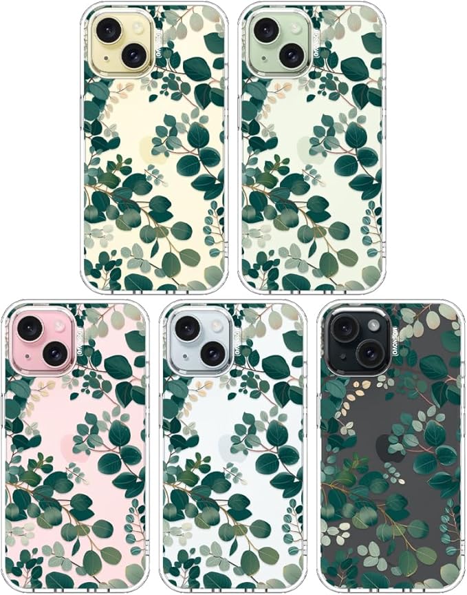 MOSNOVO Case for iPhone 15 Plus/iPhone 14 Plus, [Buffertech 6.6ft Military-Grade Drop Protection] [Anti Peel Off Tech] Clear TPU Bumper Phone Case Cover Design - Eucalyptus