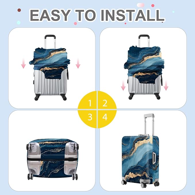 ANNA QUEEN Blue Marble Luggage Cover, Modern Gold Vein Abstract Design Suitcase Protector, Washable Stretchable Travel Sleeve for 24-26 Inch Luggage