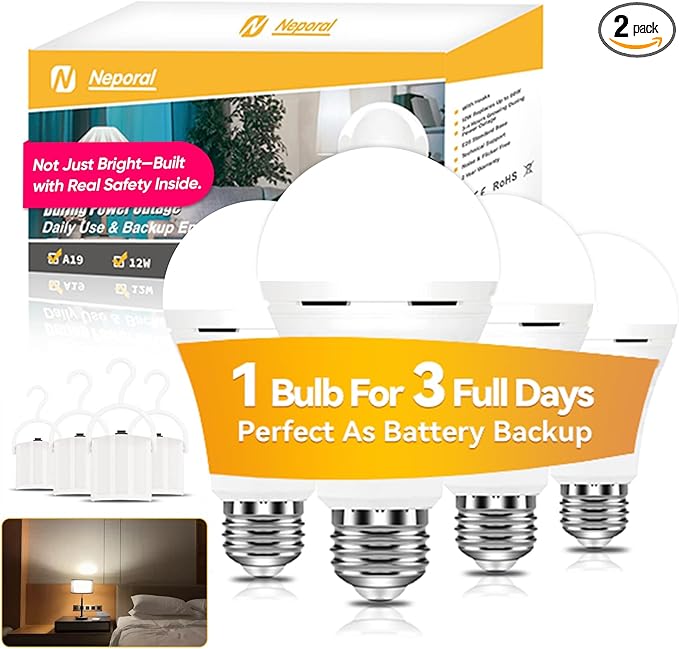 Neporal LITE PRO Rechargeable Light Bulbs, 2600mAh Large Battery Backup Light Bulbs, Socket Rechargeable Emergency Lights for Home, Hurricane Prepareness Item, E26/E27 (White-2600mAh)