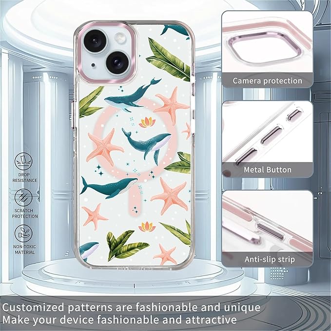 Case for iPhone 15,[Compatible with MagSafe],Sealife Whale Ocean Wildlife Clear Phone Case Design，for Women Girls Magnetic Clear Cover - Slim, Sleek, & Shockproof Protection