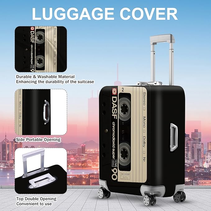 ANNA QUEEN Retro Cassette Tape Luggage Cover, Vintage Music Design Suitcase Protector, Washable Stretchable Travel Sleeve for 24-26 Inch Luggage