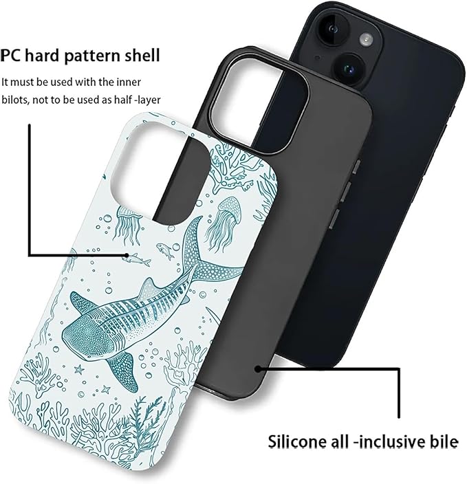 for iPhone 15 Plus Case,HH2 Ocean Whale Shark Hybrid 2 Layer Hard Shell Silicone Protective Pattern Design Case