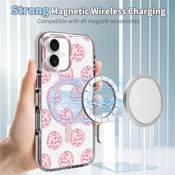 Case for iPhone 16,[Compatible with MagSafe],Disco Balls Pink Phone Case Design，for Women Girls Magnetic Clear Cover - Slim, Sleek, & Shockproof Protection
