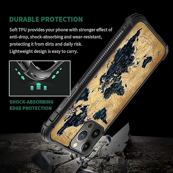 for iPhone 16 Pro Max Case, Brown World Map Pattern Graphic Design Girl Boy Soft Silicone Hard Acrylic Shock Protection for iPhone 16 Pro Max
