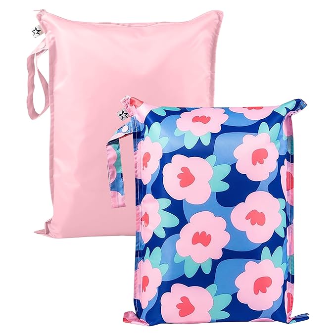Tiny Twinkle Mess Proof Wet Bags | 2-Pack Reusable Waterproof Wet Bags for Swimsuits | Baby Clothes | Travel & Diaper Bag (Blue Floral)