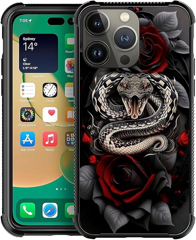 for iPhone 13 Pro Max Case, Entwined Rose Snake Pattern Graphic Design Girl Boy Soft Silicone Hard Acrylic Shock Protection for iPhone 13 Pro Max