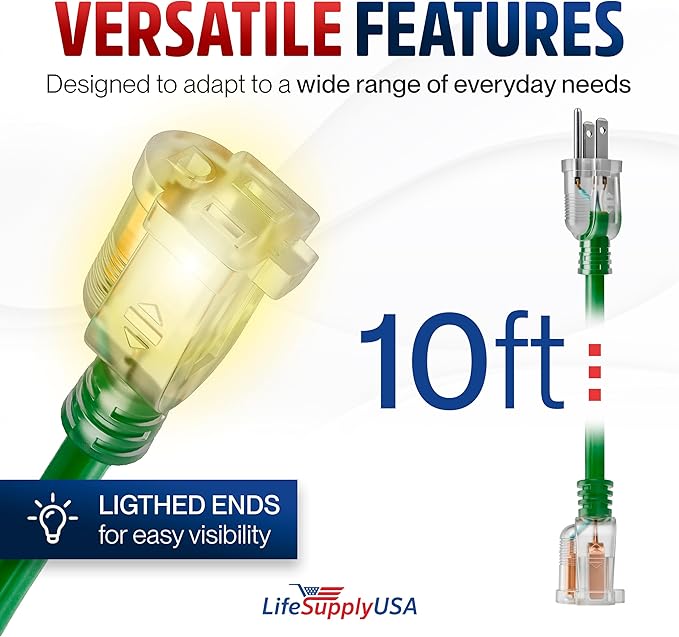 10ft Outdoor/Indoor Extension Cord 12/3 Gauge Extra Heavy Duty 3 Prong SJTW, Waterproof, Flexible Cold-Resistant Long Power Cord,15A 125V 1875W, Green by LifeSupplyUSA