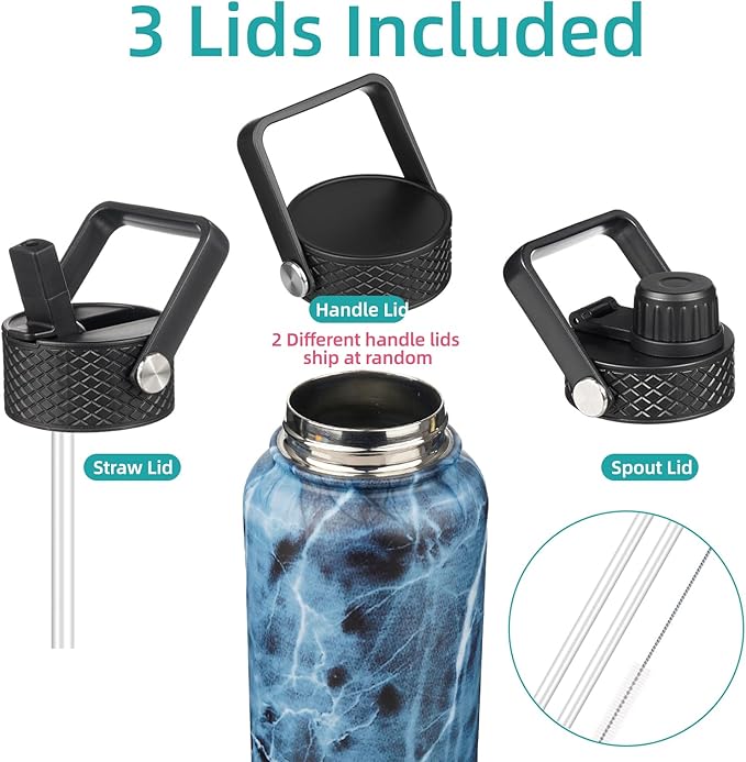 Konokyo Insulated Water Bottle 24oz Stainless Steel Sport Bottles with 3 Lids,Marble Ocean