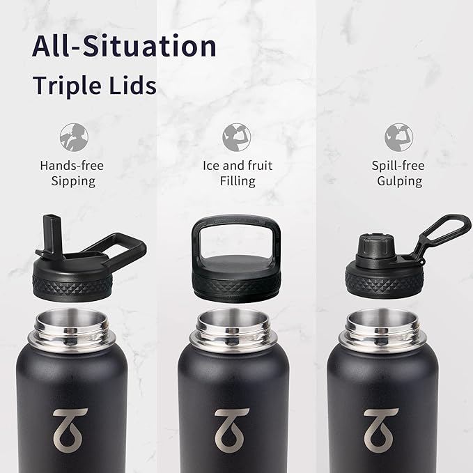 Trebo 32 oz Water Bottle Insulated with Lid and Straw,Triple Wall Vacuum Stainless Steel Metal Tumbler Sports Flask with Paracord Handle, Keep Hot 24 Hours & Cold 48 Hours Water Cup with 3 Lids, Black