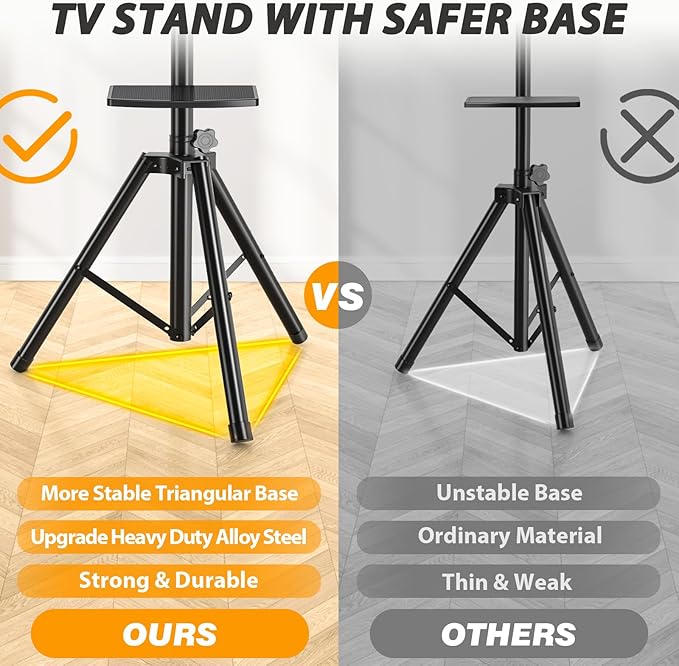 TVON TV Tripod Stand with Shelf for 23-80 inch LED LCD Flat Screen/Curved TVs, Portable TV Stand with ±15° Tilt and Height Adjustment Holds up to 100lbs, Outdoor TV Mount Max VESA 600x400m